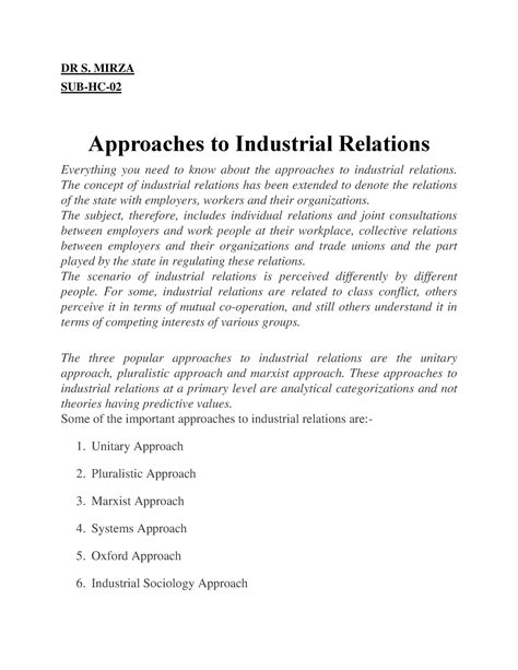 Approaches To Industrial Relation Converted Dr S Mirza Sub Hc Approaches To Industrial