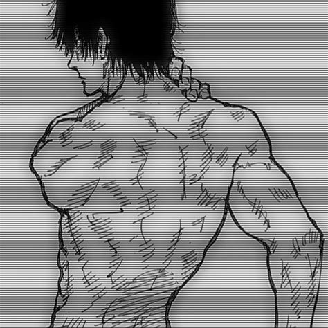 a drawing of a man s back with no shirt on and his hair pulled back