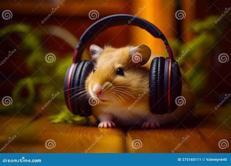 Hamster With Headphones On Sitting On Table Next To Plant Generative