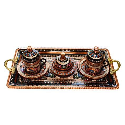 Turkish Copper Coffee Set Traditional Design Handcrafted Set Includes