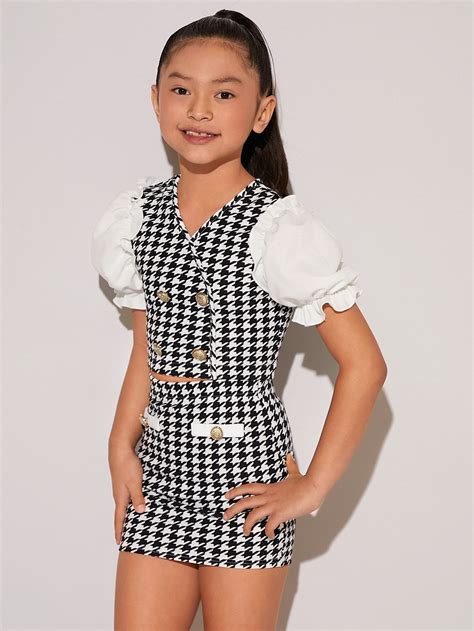 black and white dressy collar short sleeve houndstooth embellished non stretch girls clothing
