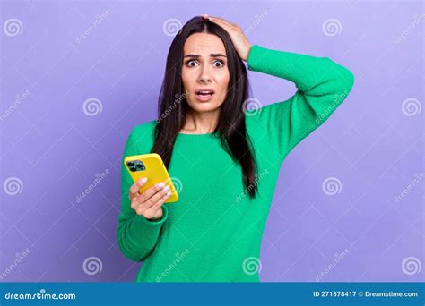 Photo Of Young Confused Unhappy Lady Staring Hand Head Hold Smartphone