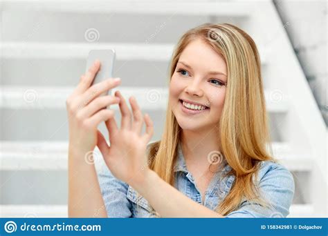 Teenage Girl Taking Selfie By Smartphone On Stairs Stock Image Image