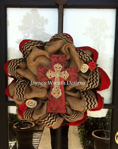 Burlap Wreaths with cross, burlap flowers, and chevron burlap ribbon | Burlap wreath, Diy wreath ...