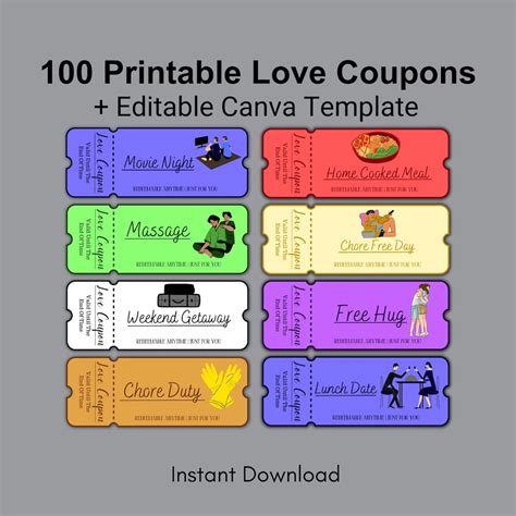 100 printable love coupons for him and her couple coupons etsy