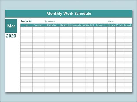 Monthly Work Schedule Calendar Template 2021