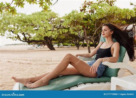 Woman Ocean Sand Lying Sunbed Resort Lifestyle Smiling Person Sea Beach Stock Photo Image Of