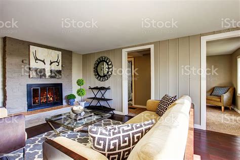 Open Floor Plan Living Room With Fireplace Comfortable Sofa Stock Photo