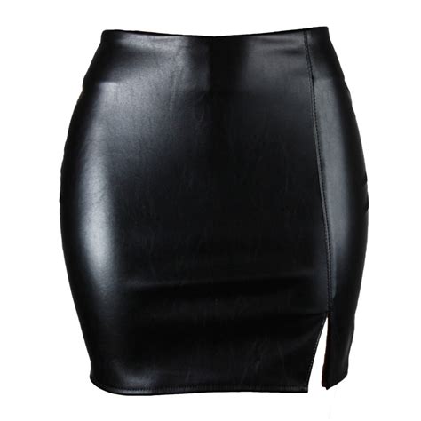 Women Pu Leather Pencil Skirts Bodycon High Waist Slim Fit Side Slit