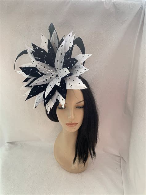 black and white polka dots feather flower fascinator kentucky etsy in 2023 fascinator