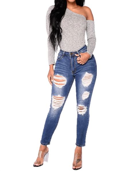 Distressed Ripped Skinny Jeans Womens High Waisted Stretchy Destroyed Jeans Plus Size Cute Denim