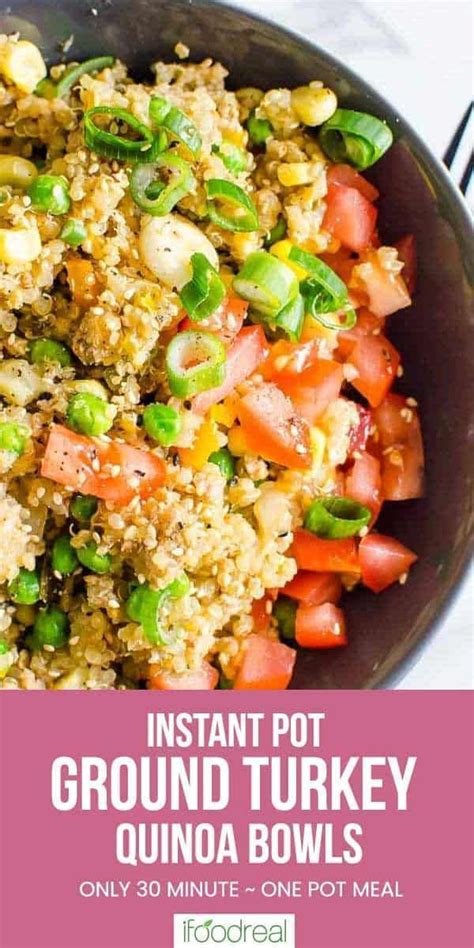 Ground turkey goes into the instant pot with some chunky salsa and canned green chilies; Instant Pot Ground Turkey Quinoa Bowls is healthy 30 ...