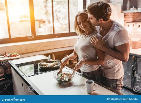 Couple On Kitchen Stock Photo Image Of Healthy Dinner 96260996