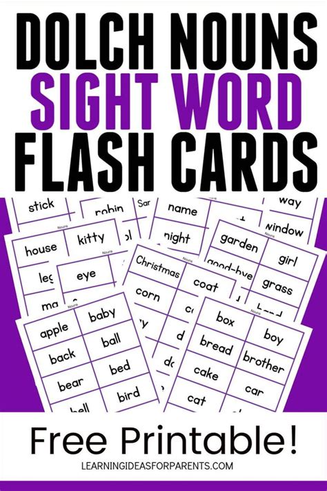 Dolch Nouns Sight Word Flash Cards Free Printable Sight Word