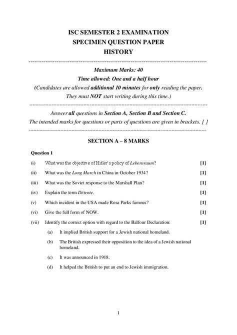 Isc Class 12 Sample Paper 2022 History Specimen Question Paper