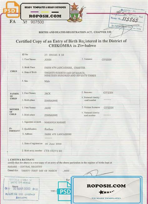 Zimbabwe Birth Certificate Template In Psd Format Fully Editable Roposh