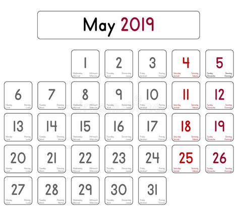 Kalender Van De Maand Van Mei 2019 Vector Illustratie Illustration Of