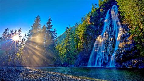 Waterfalls And Golden Beams Mountain Forest Sun Rays Rocky Falls