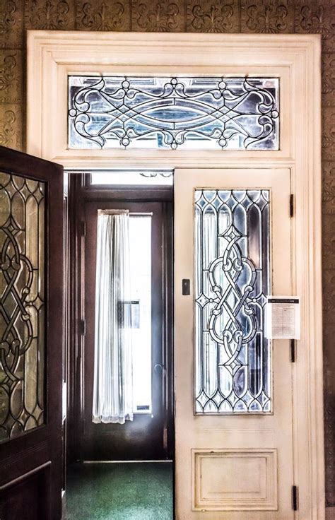 Antique Double Entry Foyer Doors Leaded Glass Transom Architectural