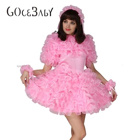 forced sissy lockable pink satin organza puffy dress uniform crossdress cosplay costume