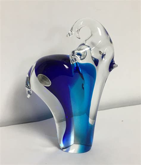 Murano Blue Glass Elephant Figurine Made In Italy Hand Blown Glass