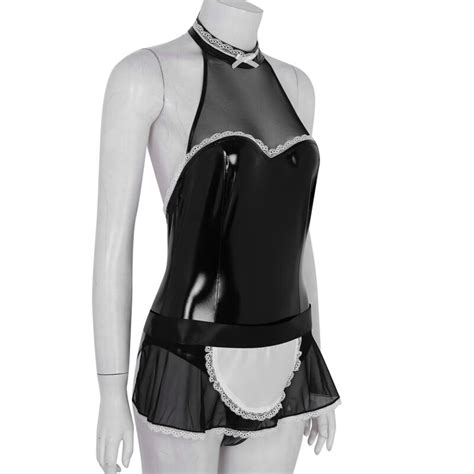 Womens Leather French Maid Fancy Dress Costume Outfit Cosplay Leotard