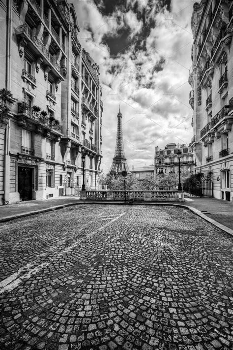 Paris Street In Black And White High Quality Architecture Stock