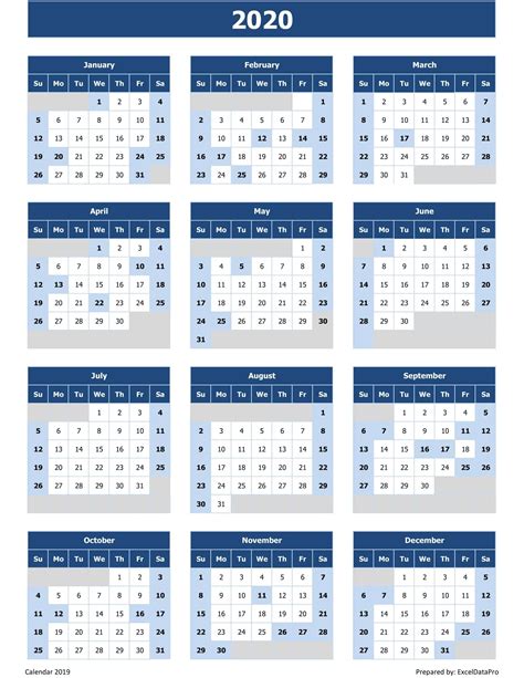 Year Calendar Excel 2020 Month Calendar Printable
