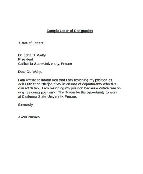 Draft Letter Of Resignation Template