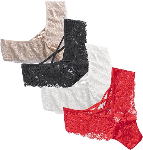 Womens Sexy Lace V Back Thongs Criss Cross Panties 4 Pack