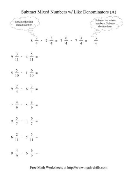 Subtracting Whole Numbers And Mixed Fractions Worksheets