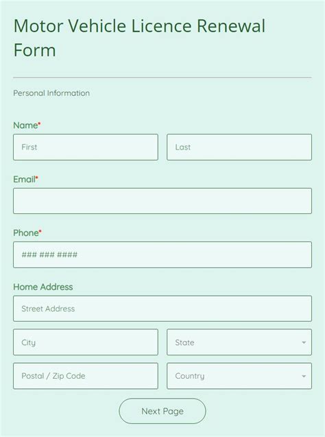 Motor Vehicle Licence Renewal Form Template 123formbuilder