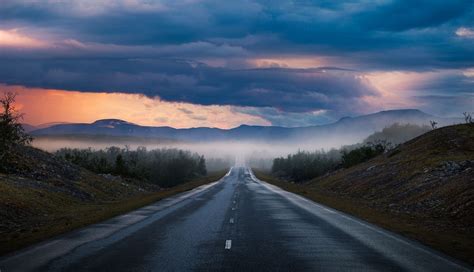 Nature Photography Landscape Road Sunset Mountains Summer Mist Clouds Sky Trees
