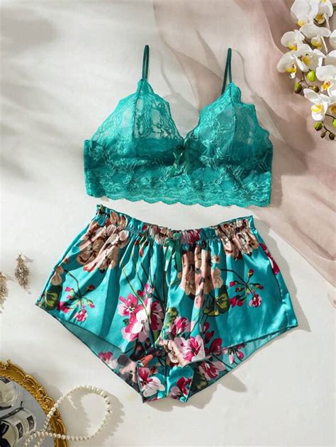 Classic Sexy Plus Floral Lace Bralette With Floral Print Satin Shorts Shein Usa