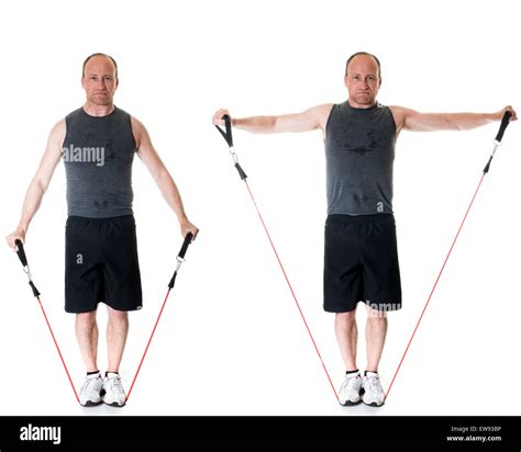 Lateral Raise Exercise With Resistance Band Studio Shot Over White