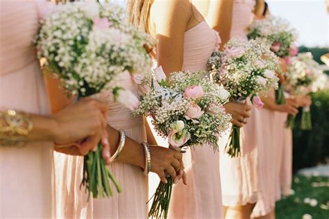 Bridesmaids Wear Pink Dresses Hold Babies Breath Garden Rose Bouquets