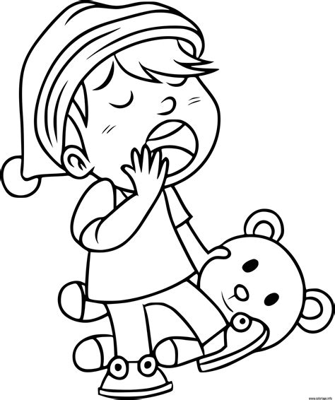 Coloriage Un Enfant Baille Avec Son Nounours Dans La Main Pret Pour Le