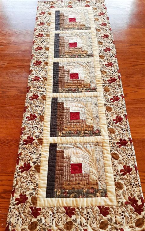 Log Cabin Quilted Table Runner Traditional Pieced Cotton Red Etsy