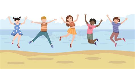 Five Happy Children Jumping For Joy On The Beach Vector Stock Vector