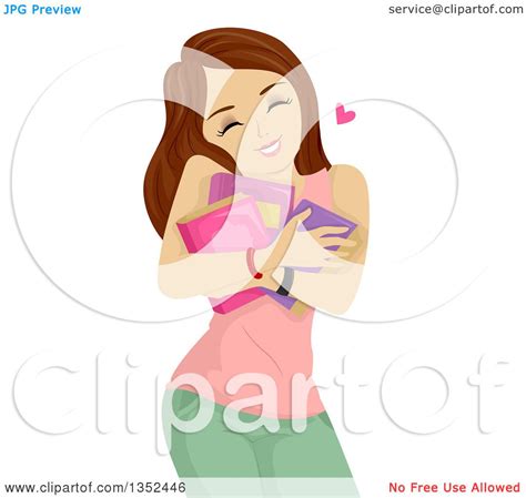 Clipart Of A Brunette Caucasian Teenage Girl Hugging Books Royalty