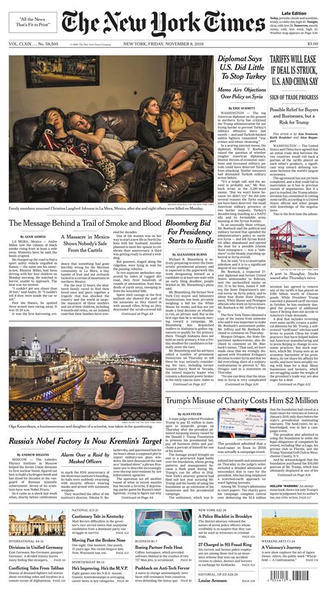 The New York Times 8 Nov 2019 Newspaper Front Pages Newspaper New York Times