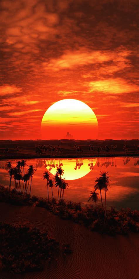 Download 1080x2160 wallpaper sunset, red sky, aerial view, tropical red ...