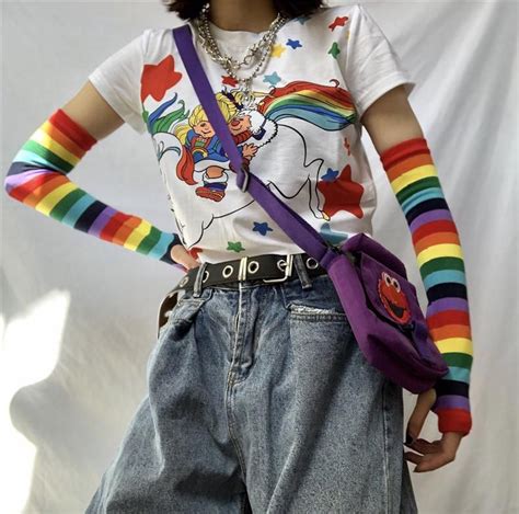 Rainbow Striped Gloves Sleeves Kidcore Fashion Kidcore Outfits