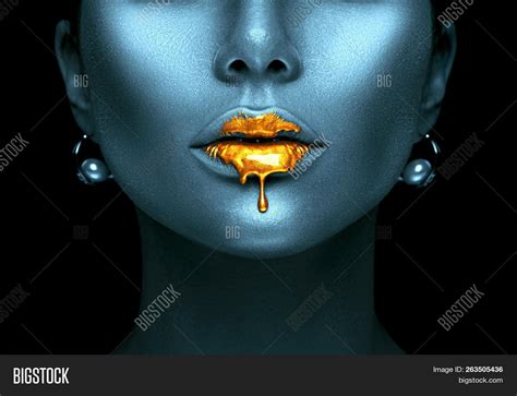 Gold Paint Drips Lips Image Photo Free Trial Bigstock
