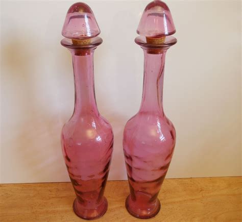 Pair Of Pink Art Glass Long Neck Decanters 2 By Fourthestatesale Liquor Decanter Decanters