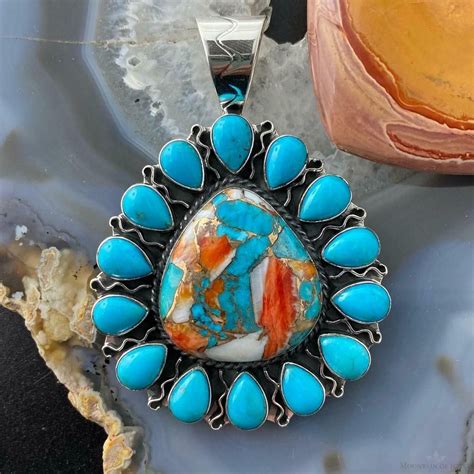 Native American Sterling Silver Turquoise And Spiny Oyster Cluster