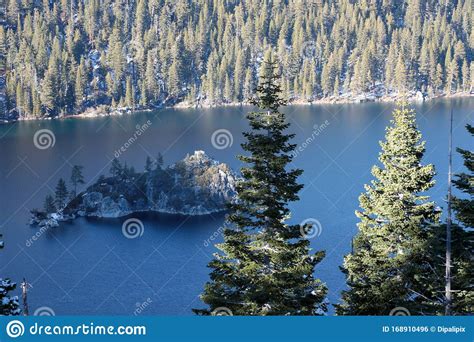 View Of Emerald Bay With Fannette Island In Winter Season Stock Photo