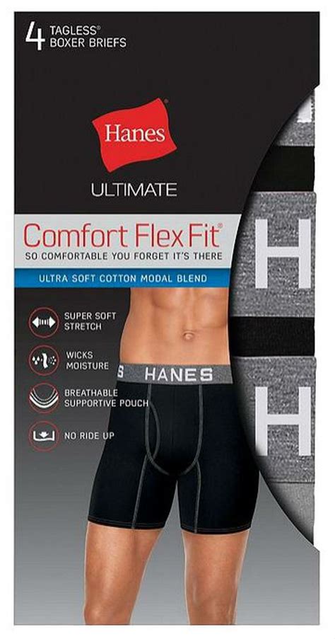 Hanes Mens Ultimate Comfort Flex Fit Boxer Briefs Underwear 4 Pk Black Gray Sports Diamond