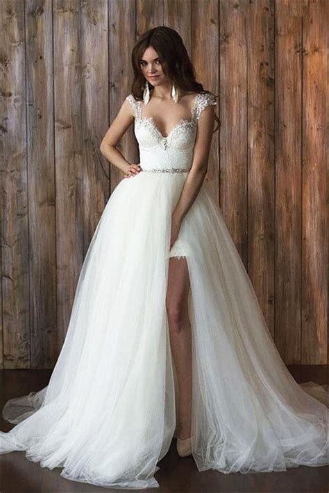 Crystals Overskirt Tulle V Neck Detachable Bridal Dresses Cap Sleeve