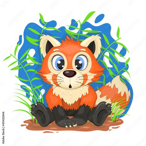 Cartoon Red Panda Sitting On The Ground In A Thicket Of Bamboo